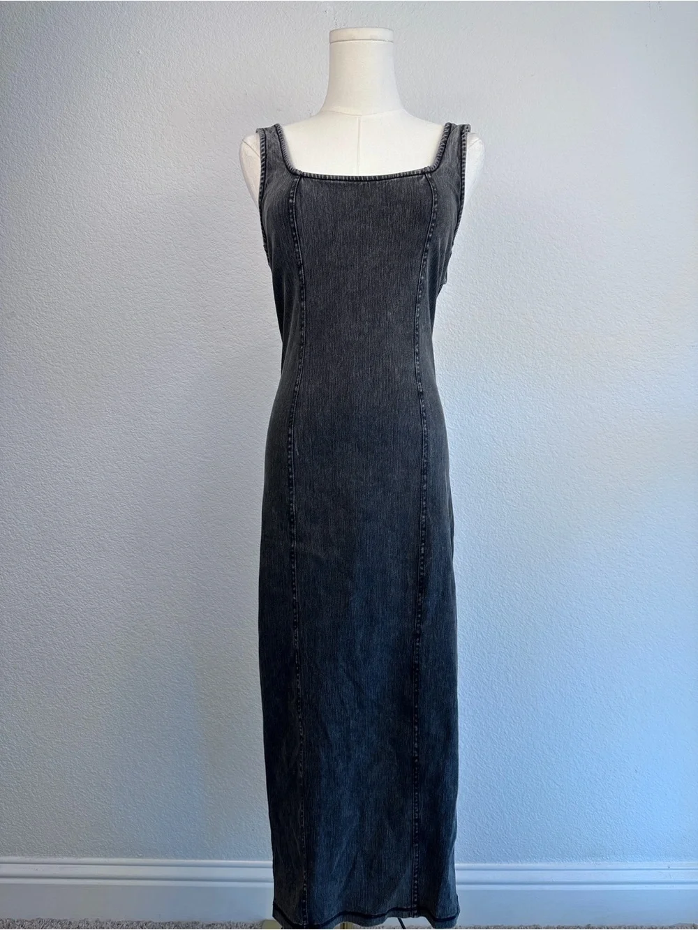 Good American Washed Black Stretch Denim Maxi Dress Size M